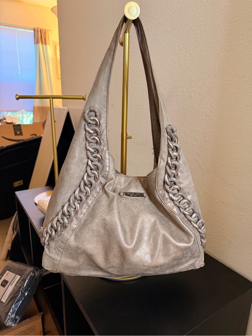 Michael Kors Metallic distressed Pewter Chain-Trim Shoulder Hobo bag